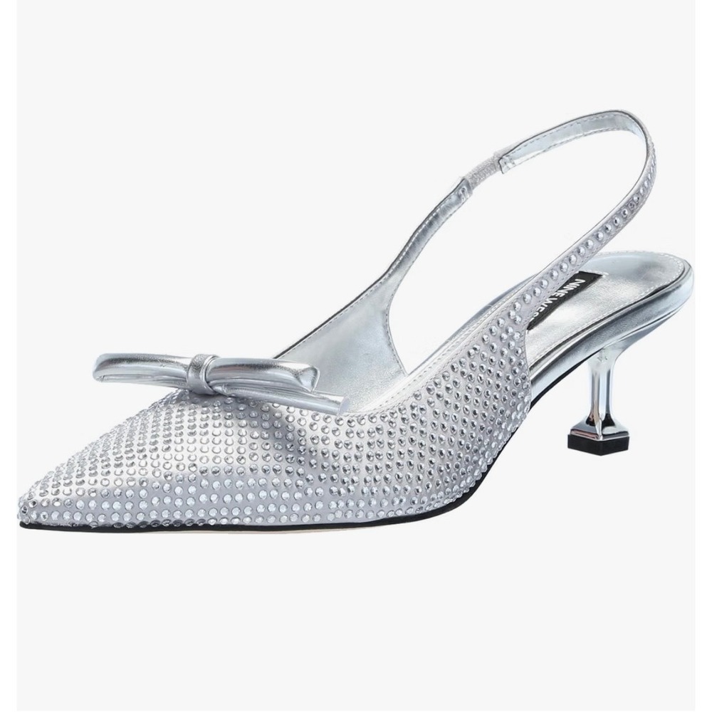 Nine West Wunder2 Women's Silver Slingback Rhinestone Bow Kitten Heel Pumps 6M